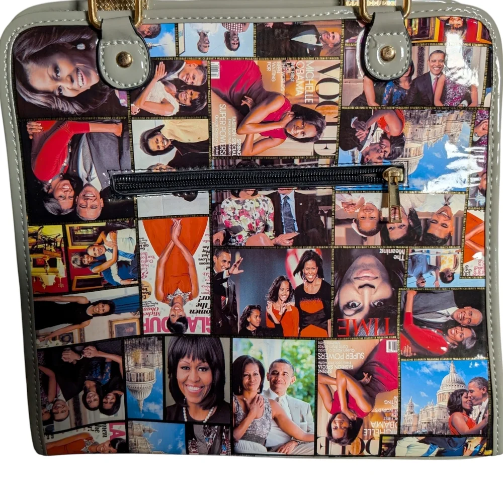 Michelle Obama Magazine Cover Purse With Gray Patent Faux Leather Handles